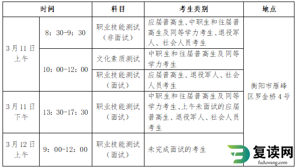 衡阳幼儿师范高等专科学校2023年单招考试大纲及考试时间安排