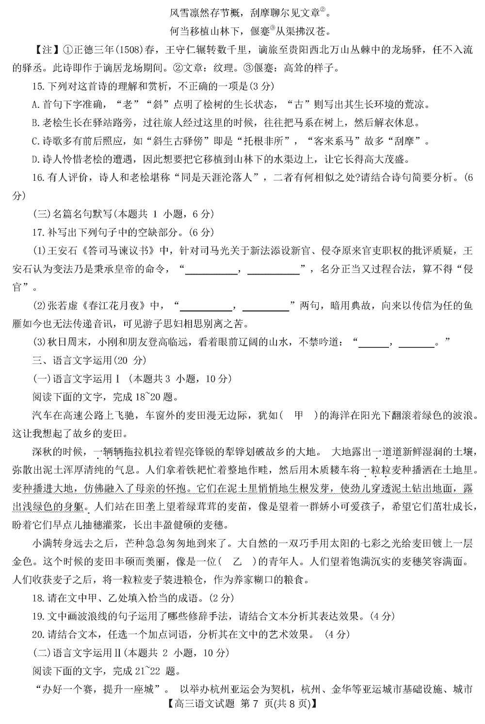 2024届湖南天壹名校联盟高三11月联考语文试题及答案