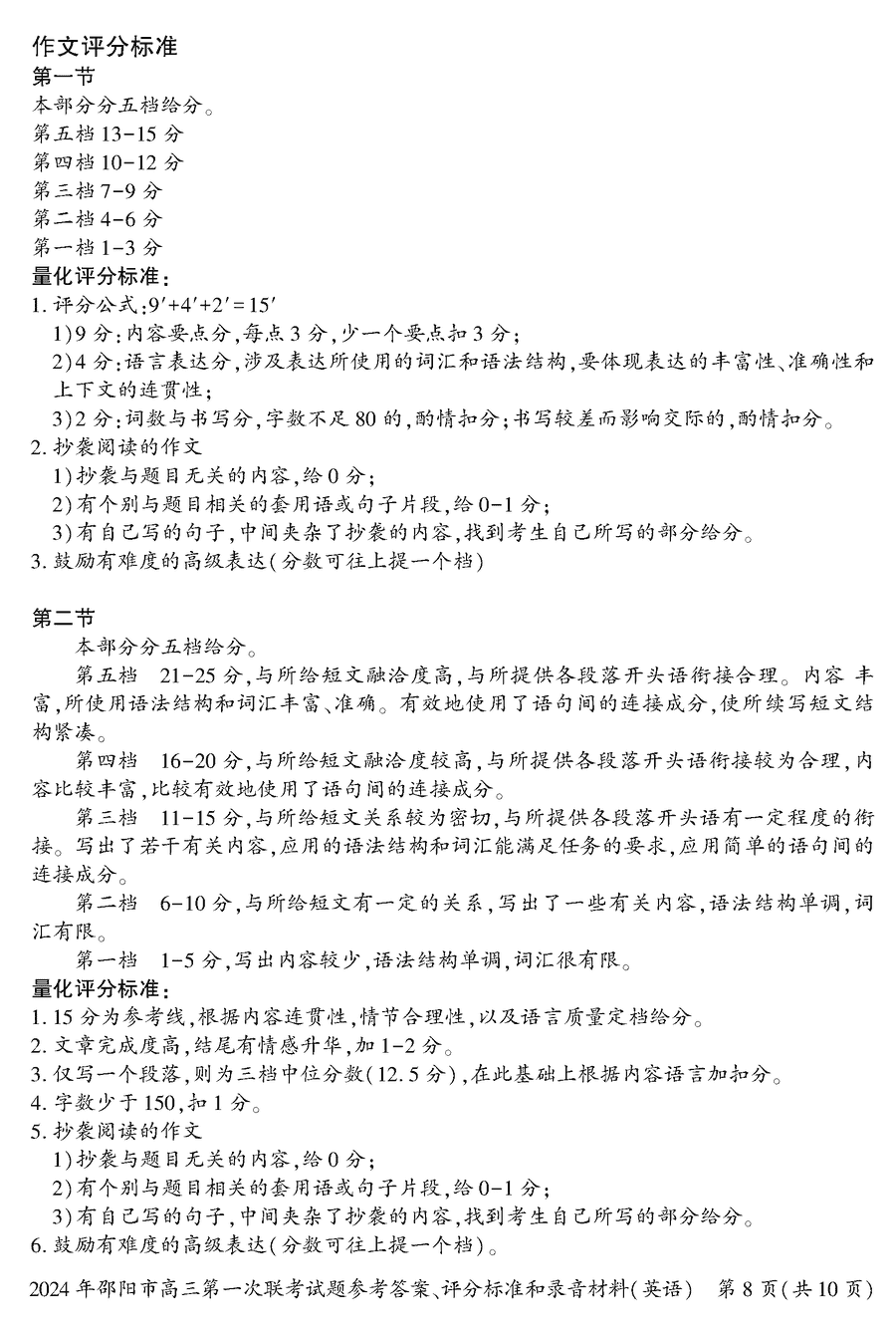 湖南邵阳一模2024届高三上第一次联考英语试卷及答案