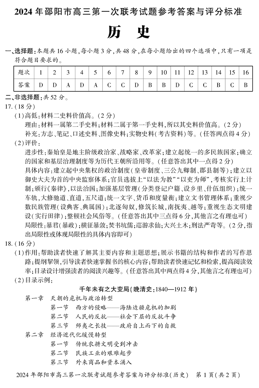 湖南邵阳一模2024届高三上第一次联考历史试卷及答案