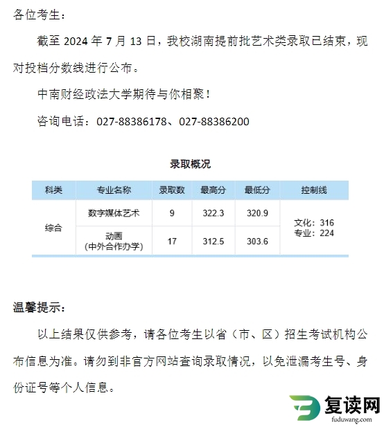 中南财经政法大学2024年本科招生录取分数线（湖南提前批艺术类）